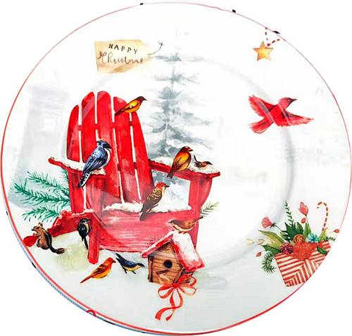 Χριστουγεννιάτικη Πιατέλα με Σχέδιο Καρέκλα και Πουλιά 23εκ.